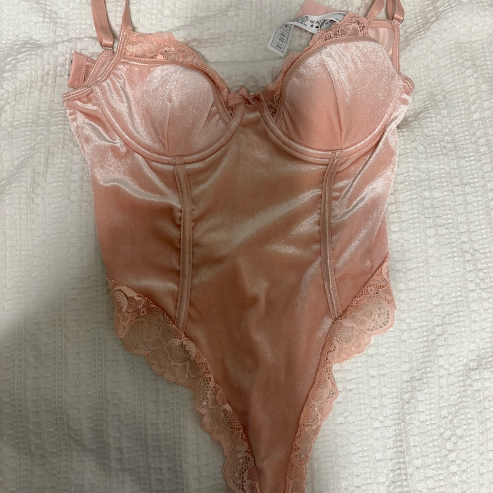 Pink satin lace lingerie bodysuit